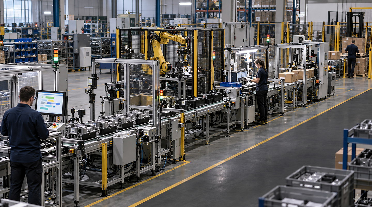 An automated production line where scanners and station controls capture component and product events into a visible traceability interface.